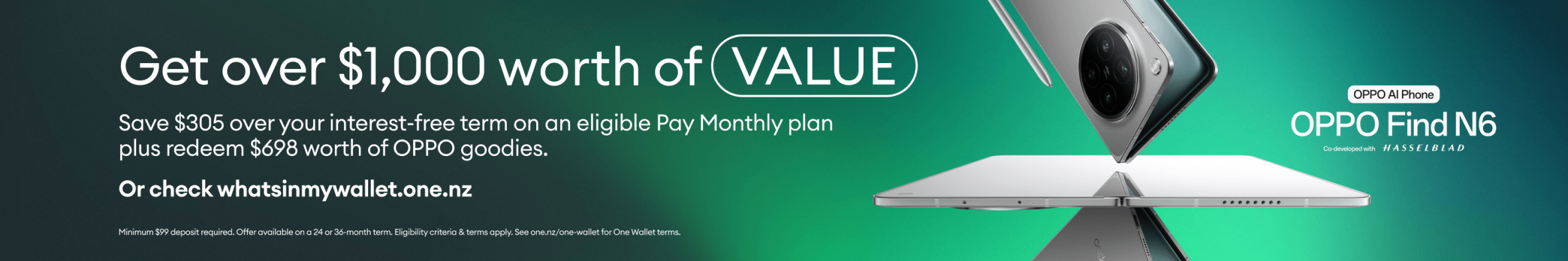 Promotional banner for OPPO Find N6 featuring the foldable phone and offer to get over $1,000 in value with savings and OPPO goodies.