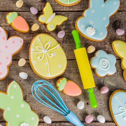 easter sugar cookies with baking utensils