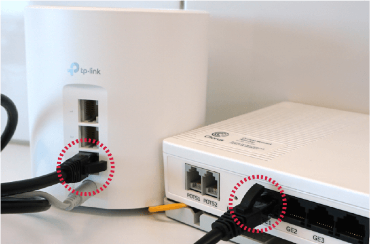 An ethernet cable connecting the Dexo-X50 modem and the ONT box.