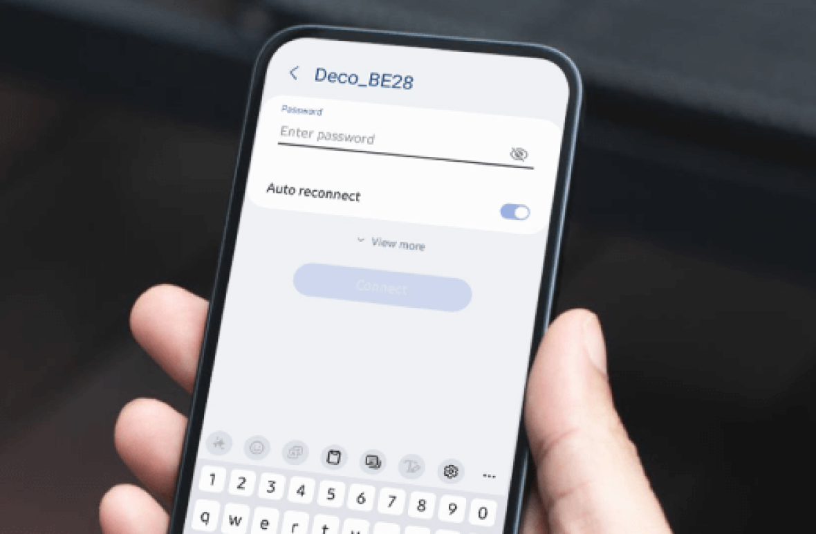 Smartphone displaying Wi-Fi setup for TP-Link Deco_BE28, including password input and auto reconnect option.