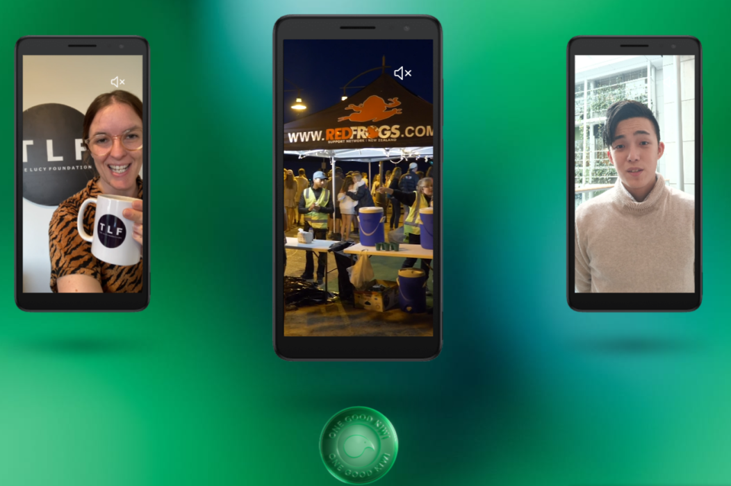 Green background with composite images of phones in the foreground, showing stills from the Lucy Foundation, Red Frogs and NZ Youth Film Festival in app videos