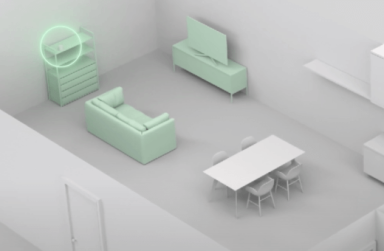 Illustration of living room and dining area with a sofa, TV, dining table, and shelves.