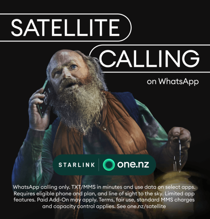 Jade's Dad, under a starry sky, calling with WhatsApp over One NZ Satellite.