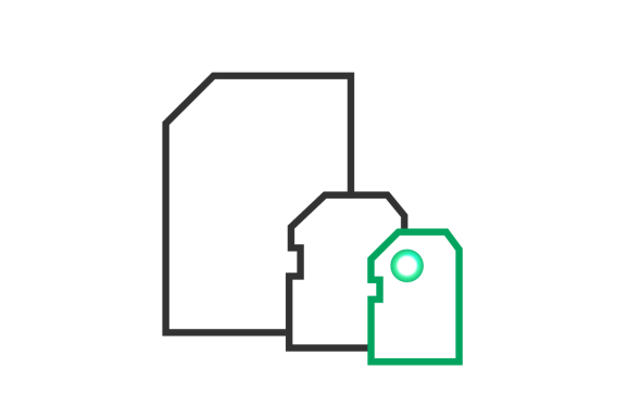 Sim card size guide showing Nano-SIM in green.