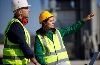 A woman and man wearing protective gear at a building site.