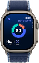 Apple Watch Ultra 3, titanium natural case, sleep score screen, breakdown in circle graph, score in centre, band, blue Trail Loop