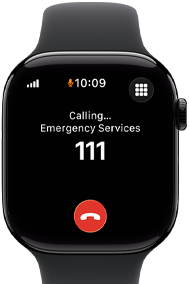 Apple Watch Series 11, aluminium jet black case, emergency call to 911 on screen, right side exterior: Digital Crown, black Sport Band