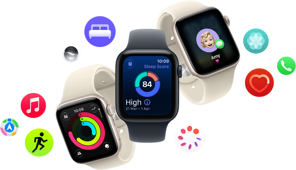 Three Apple Watch SE 3 devices floating next to each other: one with Activity rings, one with sleep score and one showing an incoming text message