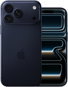 Side by side, iPhone 17 Pro Max, back exterior, Pro camera system, 3 lenses, microphone, flash, Deep Blue finish, iPhone 17 Pro, front exterior all-screen design, Deep Blue finish