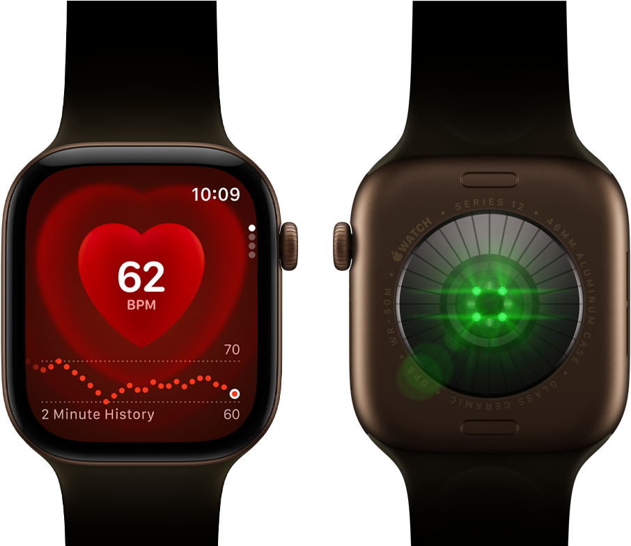 zTwo Apple Watch Series 12 devices, aluminium case, dark bronze colour with olive Sport Band, one showing the Heart Rate app, the other with the Health Sensing System on the back of the watch, with glowing green LED lights