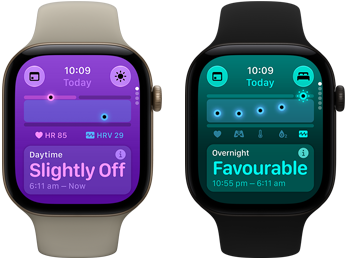 Two Apple Watch Series 12 devices: aluminium case, light gold colour, Daytime Vitals Slightly Off, Digital Crown, sand Sport Band, aluminium case, black colour, Overnight Vitals Favorable, Digital Crown, black Sport Band