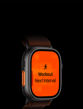 Apple Watch Ultra 4, titanium case, black colour, Running workout, next interval, left side exterior, orange Action button, Alpine Loop band