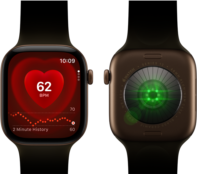 Two Apple Watch Series 12 devices, aluminium case, dark bronze colour with olive Sport Band, one showing the Heart Rate app, the other with the Health Sensing System on the back of the watch, with glowing green LED lights